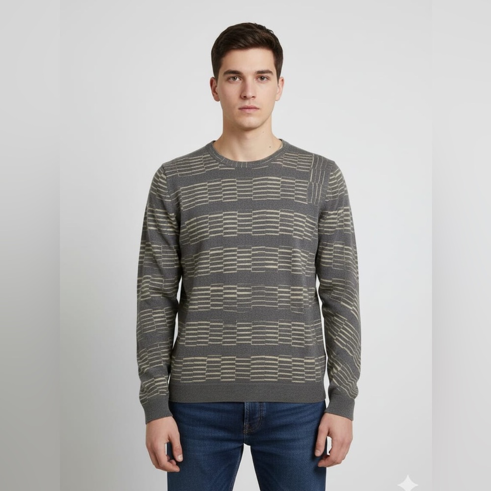 Kenneth Cole Gray and Cream Patterned Crewneck Sweater